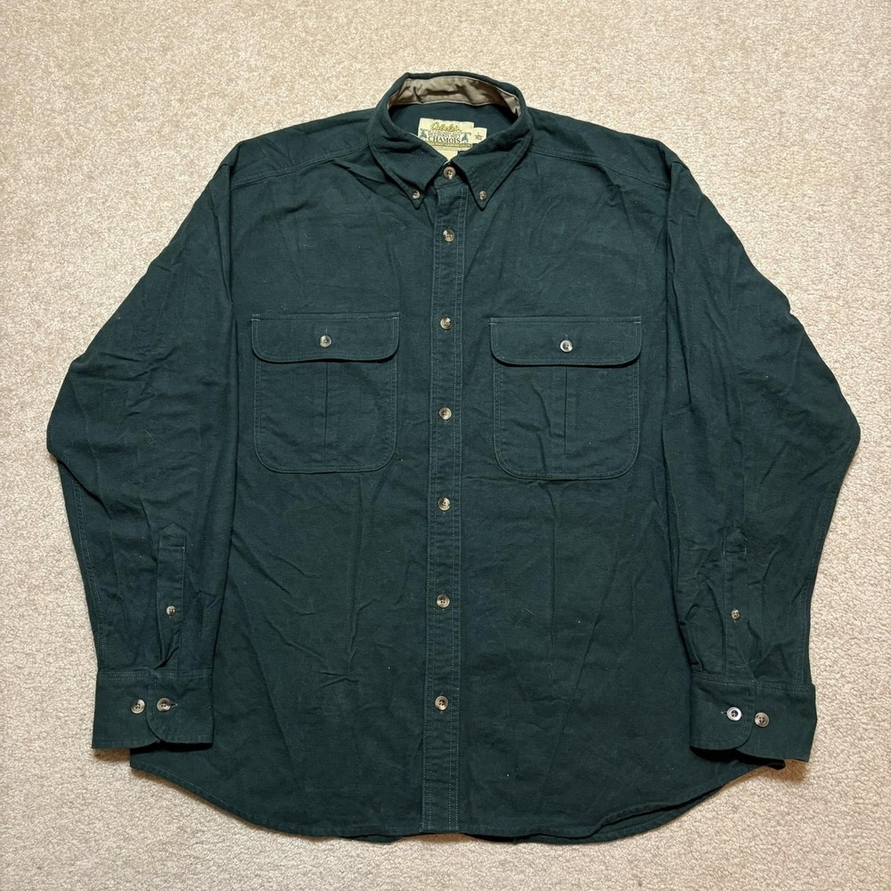 Vtg Cabela's Deerskin‎ Soft Chamois Shirt Mens Large Green Button Front Outdoor